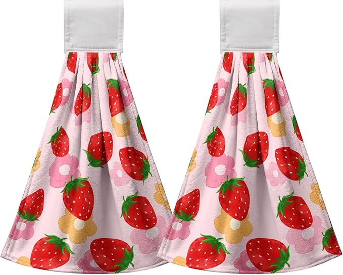 Strawberry Hand Tie Towel Pink Red Fruit Hanging Kitchen Towel with Loop Summer Strawberry Haning Dish Towels Soft Absorbent for Kitchen Bathroom Aceesories Decor Set of 2