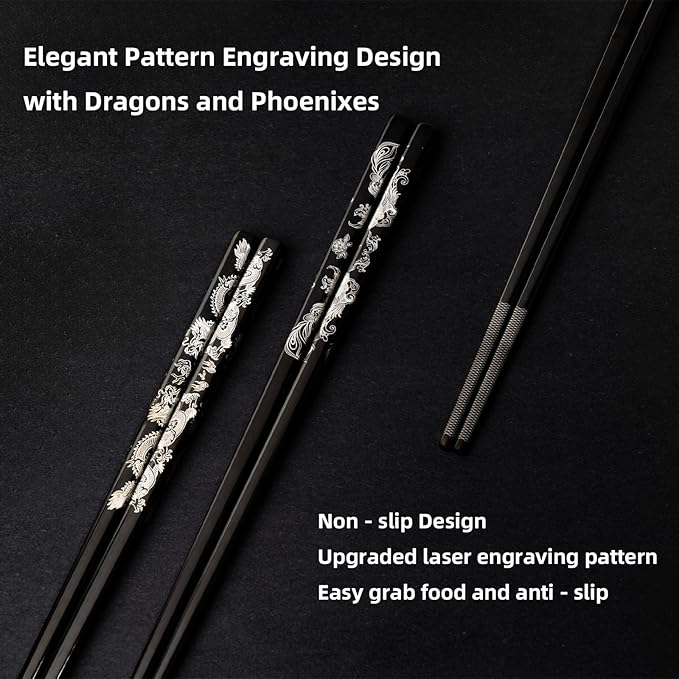 2 Pairs Reusable Stainless Steel Chopsticks, Laser-Engraved Non-Slip Grip, Dishwasher Safe, Japanese & Korean Style, Metal Chopstick Gift Set for Cooking, Dining & Travel (9")