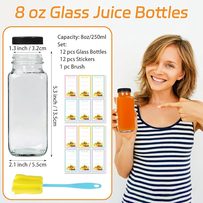 12 Pack 8oz Glass Juice Bottles with Lids, 250ml Reusable Glass Juicing Bottles, Square Drinking Jars Drink Containers with Caps for Water, Milk, Ginger, Kombucha, Beverages