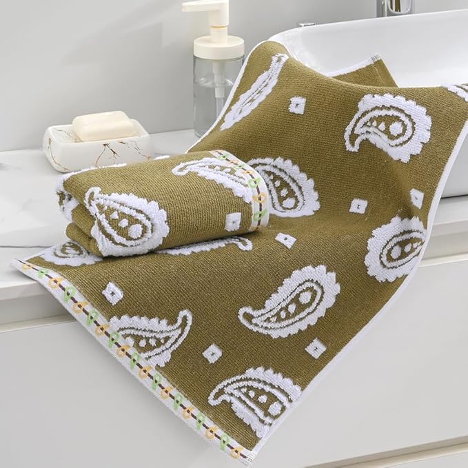 sense gnosis Brown Hand Towels Set of 2 Super Soft 100% Cotton Absorbent Paisley Pattren Jacquard White Terry Double-Sided Bath Hand Towels for Bathroom Decorative Gym Camping, 13 x 29 inch