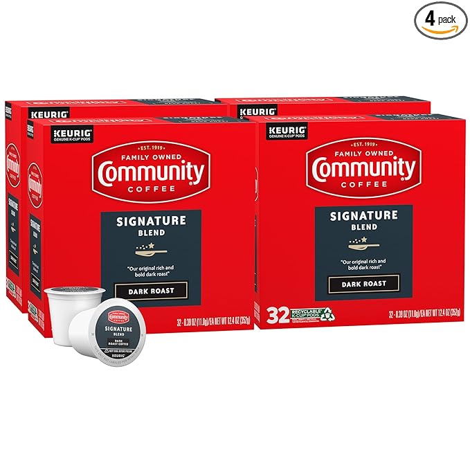 Community Coffee Signature Blend, Dark Roast, Single-Serve Keurig K-Cup Pods, 32 Count (Pack of 4)