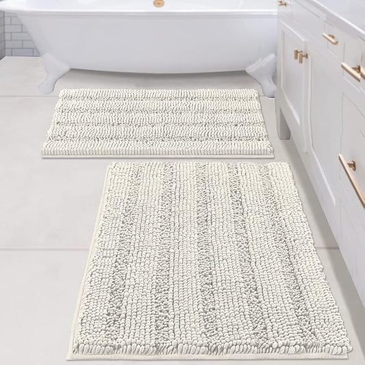H.VERSAILTEX 2 Piece Bathroom Set - Super Absorbent Chenille Striped Bath Mats, Non Skid, Machine Washable (Cream, 24 x 36 Plus 20 x 32 - Inches)