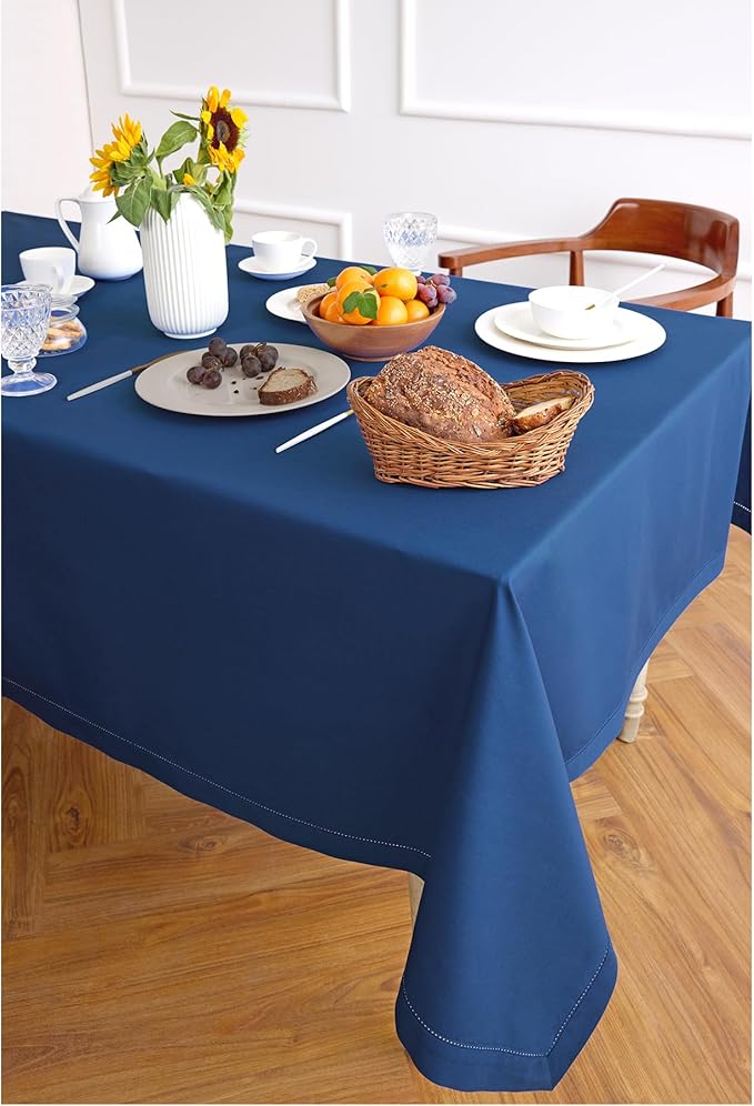 Solino Home Lapis Blue Tablecloth 58 x 120 Inch - Cotton Linen Hemstitch Rectangular Tablecloth - Machine Washable Table Cloth for Winter