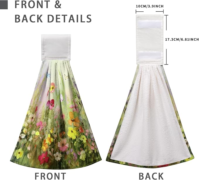 Spring Flowers Hanging Kitchen Towel with Loop 2 Pcs Wild Floral Hand Tie Towel for Bathroom Summer Green Haning Dish Towels Soft Absorbent for Kitchen Bathroom Home Decor Aceesories