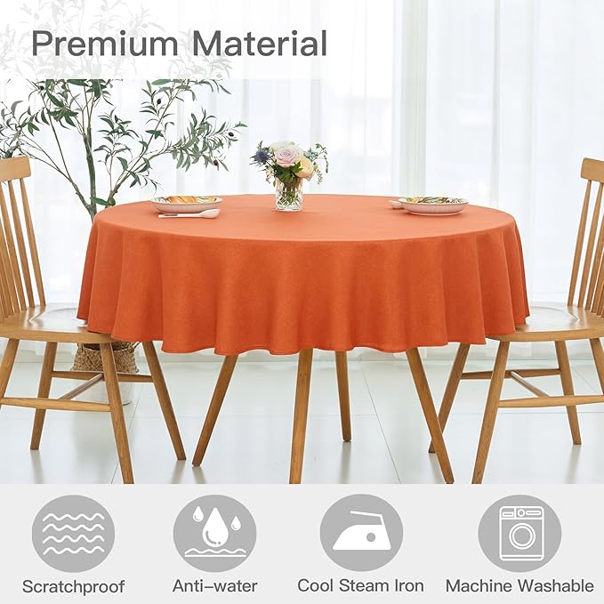 maxmill Round Linen Textured Fall Tablecloth Spill-Proof Wrinkle Free Table Cloth for Circular Table Cover, Halloween Tablecloths, Dining Room Harvest Thanksgiving Pary Holiday Dinner, 70 Inch, Rust