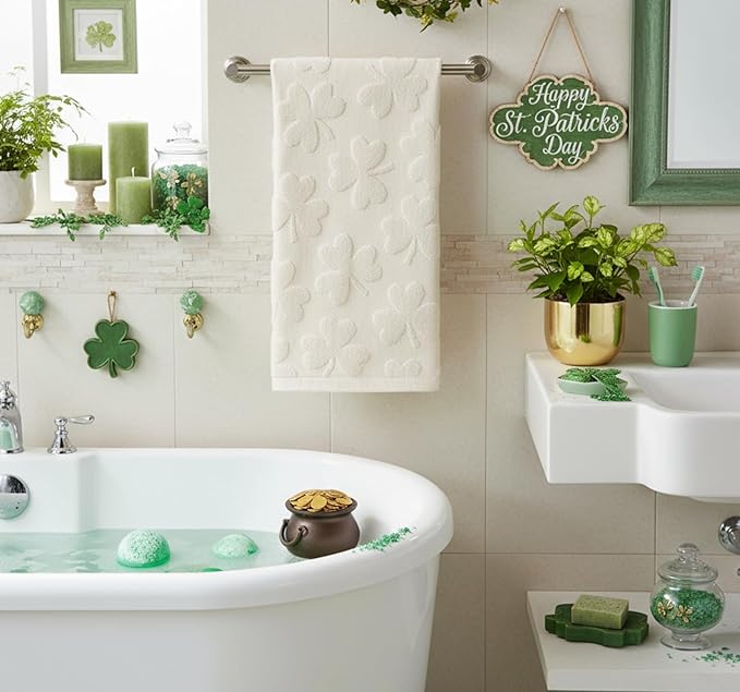 Artoid Mode 1 Pc Beige 3D Shamrock Jacquard Patrick Hand Towels for Bathroom, 100% Cotton Soft Absorbent Bathroom Decor Towels, 13.7 x 29.5 Inch