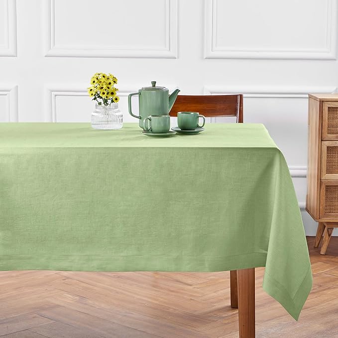 Solino Home Linen Tablecloth 52 x 52 Inch - 100% Pure Linen Laurel Green Square Tablecloth - Fete, Machine Washable Table Throw