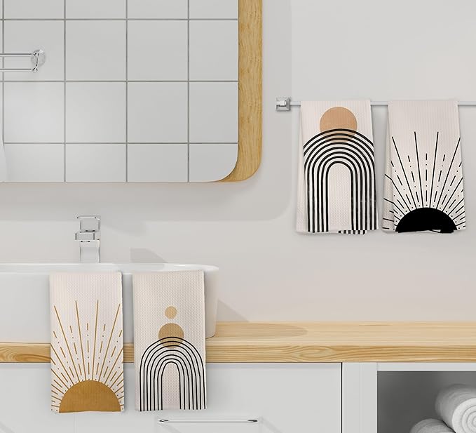 Boho Abstract Kitchen Towels and Dishcloths Set of 4, Mid Century Modern Decor Hand Towels, Boho Abstract Minimalist Sunshine Drying Cloth Hand Dish Tea Towel for Bathroom Kitchen, 16x24 Inches