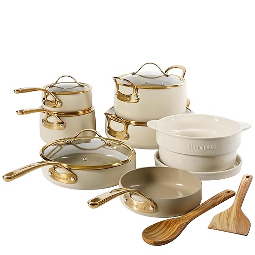 bloomhouse - Two Time Oprah's Favorite Things Winner - 15 Piece Pots and Pans Heavy Duty Aluminum Premium PFA Free Ceramic Nonstick Cookware Set - Almond Cream w/Gold Handle