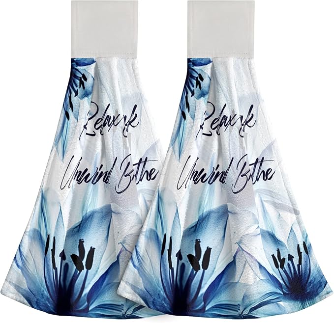 Giwawa Relax Soak Unwind Breathe Hand Hanging Towel Blue Flower Kitchen Tie Towels Set of 2 Dish Cloths Durable for Bathroom Laundry Room