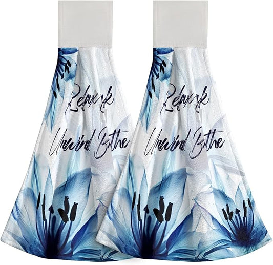 Giwawa Relax Soak Unwind Breathe Hand Hanging Towel Blue Flower Kitchen Tie Towels Set of 2 Dish Cloths Durable for Bathroom Laundry Room