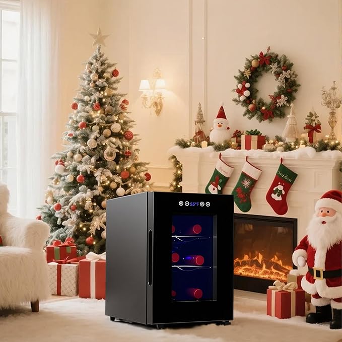 Iceblue Wine Fridge, Digital Temperature Control White & Red Wine 6 Bottle Wine Cooler with Wine Rack, Champagne Wine Cooler Refrigerator for Bar, Home,Kitchen,Gift (Black)
