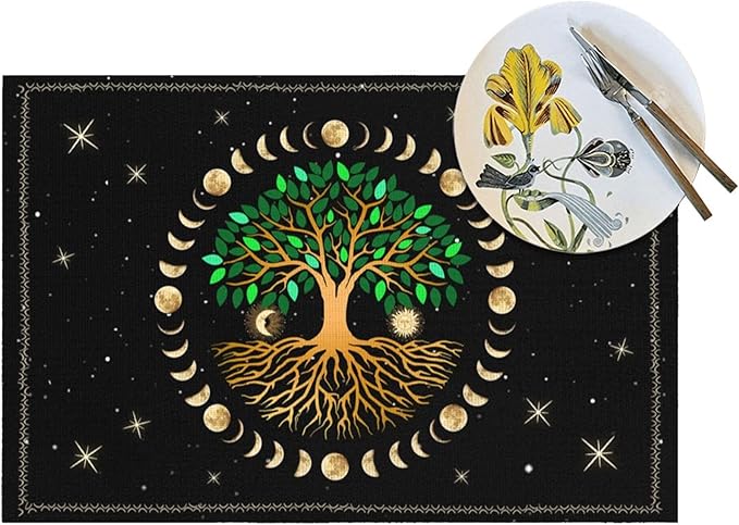 Black Placemats Set of 4, Ancient Life Tree Decorative Place Mats for Dining Table Decor, Linen Washable Table Mats for Kitchen Outdoor Party Home Moon Luna Hippy Decor 12"x18"