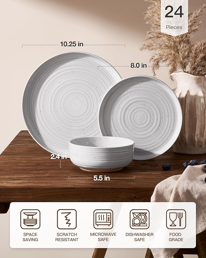 Stoneware Dinnerware Dishes Set for 8, 24 Pieces Plates and Bowls Sets, Spiral Flared Tableware with Speckles & Reactive Glaze - Microwave and Dishwasher Safe, White
