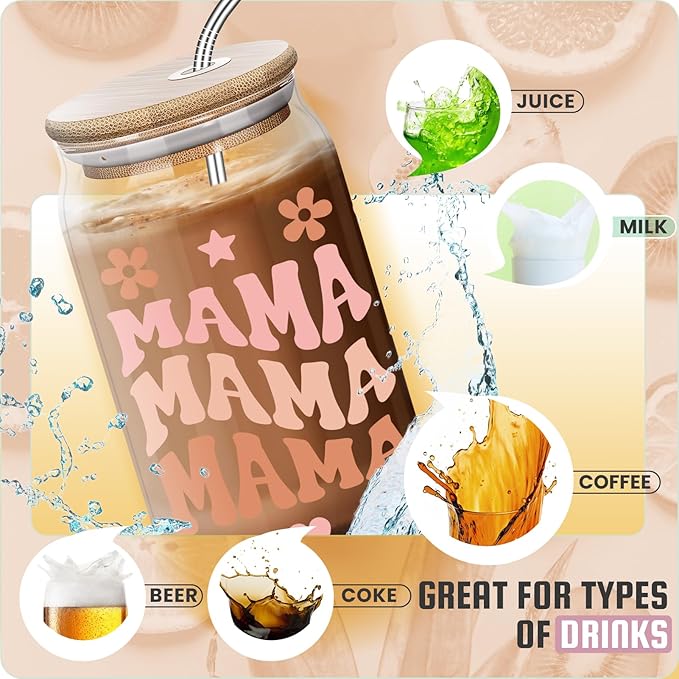 Christmas Day Gifts for Mama - Mother's Day Gifts for Mom - Birthday Day Gifts for Mom, Mama, New Mother After Birth, Promoted to Mother - 16 oz Coffee Glass Cup