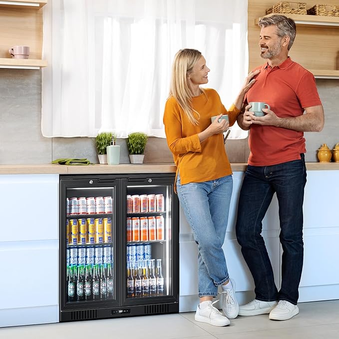 Tylza Back Bar Cooler With 2 Glass Doors, 7.2 Cu.Ft Under Counter Back Bar Refrigerator with LED Lighting, Safety Locks, Counter Height Bar Beverage Cooler for Beer, Soda Drinks, Wine, Black