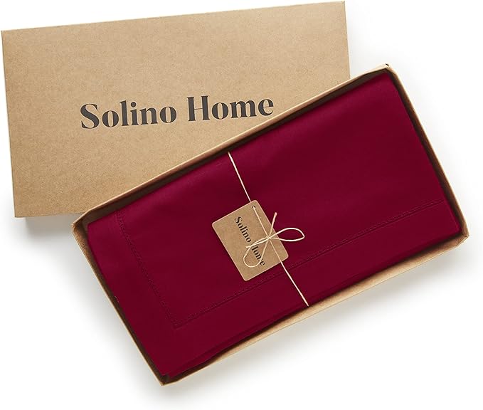 Solino Home Red Tablecloth 58 x 104 Inch - Cotton Linen Hemstitch Rectangular Tablecloth - Machine Washable Table Cloth for Winter, Valentines, Holiday, New Year