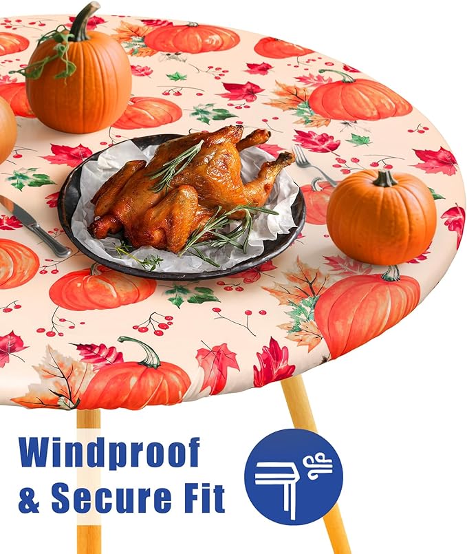 Round Spandex Thanksgiving Tablecloth, Elastic Fitted Waterproof Tablecloths for 36"-44" Tables, Stretch Washable Picnic Table Cover for Autumn Harvest Parties, Pumpkin Leaf