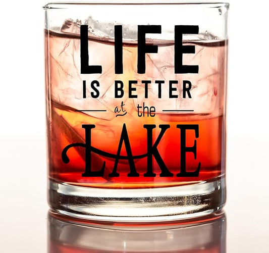kunlisa Lake Lovers Gifts Whiskey Glasses, Lake House Decor and Gifts, Life Is Better at the Lakes 10 oz Drinking Rocks Glasses for Women Men Whisky Cocktail Scotch Bourbon Liquor