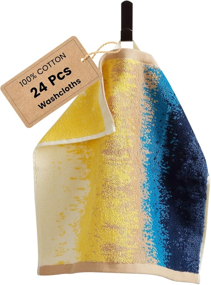 SEMAXE 100% Cotton Washcloths for Bathroom - 24 Pack, Quick-Dry Face Towels with Hanging Loop, Highly Absorbent and Soft, 13x13 Inch, Yellow | Brown | Blue