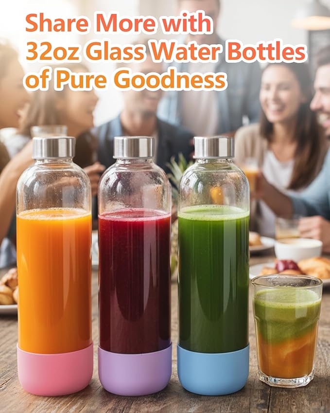 Zukro 32 oz Glass Juice Bottles With Lids, 3 Pack Large Clear Glass Bottle with Airtight Stainless Steel Lids For Juicing, Water, Homemade Drinks, Non-slip Silicone Base, Leak Proof & BPA Free
