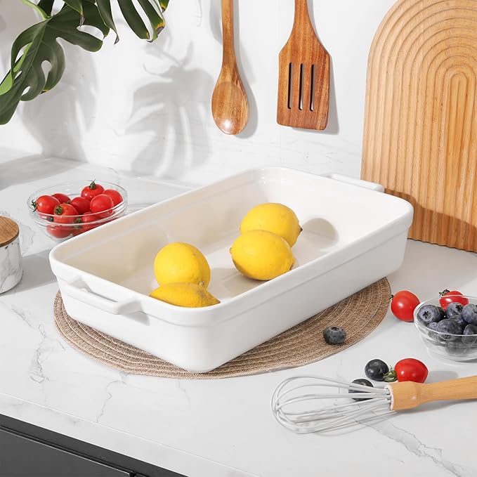 Casserole Dish,Large Baking Dish Cookware,Deep Lasagna Pan for Oven,Ceramic Bakeware for Baking, Easy to Clean (White, 5.5 Quart,No Lid)