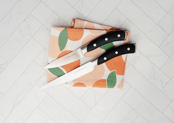 DURA LIVING 2-Piece Kitchen Knife Set – Ultra Sharp Precision German Stainless Steel Blades, 5” Utility & 3.5” Paring Knife with Ergonomic Handles, Multipurpose for Slicing & Peeling, Black Handle