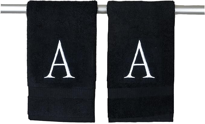 Black Monogrammed Hand Towels for Bathroom- Black and White Luxury Hotel Quality Personalized Initial Decorative Embroidered for Powder Room, Spa-GOTS Organic Certified - Pack of 2, Letter A
