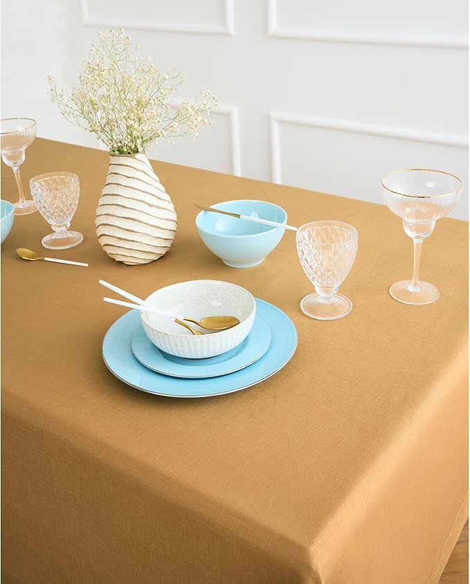 Solino Home Linen Tablecloth for Rectangle Tables 60 x 108 Inch - 100% Pure Linen Caramel Table Cloth - Fete, Machine Washable Cloth Tablecloth