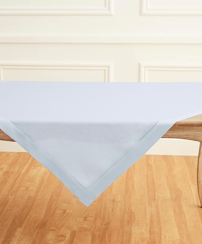 Solino Home Light Blue Linen Tablecloth 52 x 52 Inch - 100% Pure Linen Square Table Throw - Classic Hemstitch, Machine Washable Table Cloth for Winter, New Year