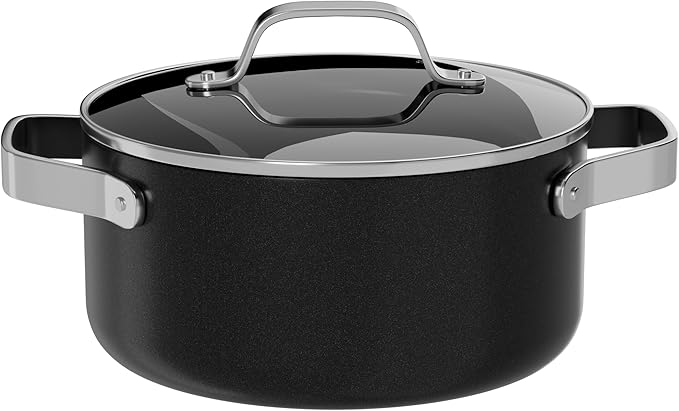Bakken 8.5 Quart Ceramic Coated Stock Pot with Lid, Easy Clean Nonstick Pot, Tempered Glass Lid, Riveted Stainless Steel Handles, Oven Safe Up To 500°F, PTFE & PFAS Free, All Stove Compatible, Black
