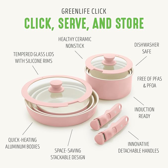 GreenLife 10 Piece Nonstick Pots & Pans Set, Detachable Handle & Stackable Cookware Set, Non Toxic PFAS-Free Skillets, Induction Kitchen Pans, Space Saving, Serving Bowls, Oven Safe, Light Pink