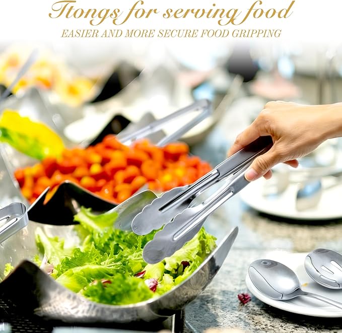 MWELLEWM 17Pcs Serving Utensils, Silver Stainless Steel Large Serving Spoons, Slotted Spoon, Fork, Tongs, Cake Pie Server, Soup Spoon Metal Buffet Banquet Cutlery Set for Parties Entertaining Catering