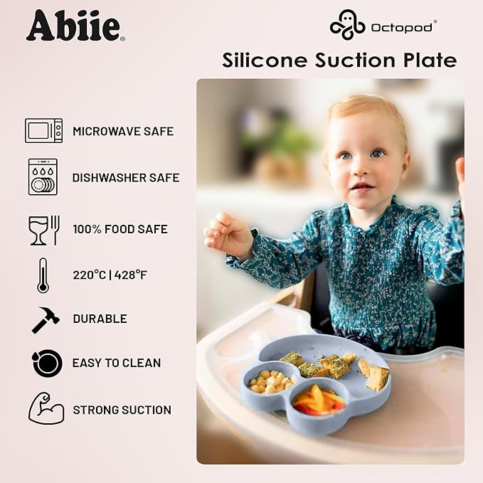 Abiie Octopod Frog Silicone Plates with Suction - Spill Proof, Easy to Clean - BPA-Free Bowl - Suction Plates for Baby and Toddler - Training & Feeding Divided Grip Dish (Sage Green)