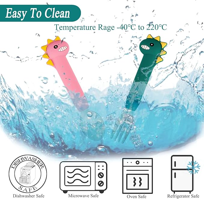 Toddler Utensils,Baby Spoons Fork Sets,Kids Silverware with Silicone Handle,Dinosaur Toddler Spoons Forks-Pink