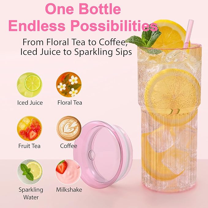 Glass Cups with Lids and Glass Straws, High Borosilicate 20OZ Pink Tumblers (2Pcs) for Coffee, Tea, Juice, Smoothies, Hot & Cold Drinks at Home/Office