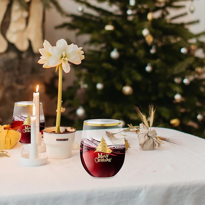 SUT Plastic Wine Glasses, Plastic Christmas Wine Glasses, Plastic Cups, Disposable Wine Glasses, Disposable Cups, 12oz Gold Plastic Wine Glasses for Christmas(24PCS)