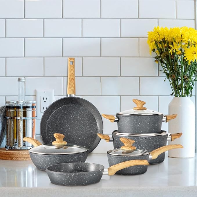 DishDelight Induction Pots and Pans Set, 12 Piece Nonstick Cookware, Granite Cooking Set with Frying Pans, Gray