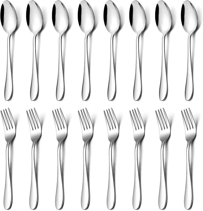 E-far 16-Piece Dinner Forks and Spoons, Stainless Steel Silverware Flatware Eating Utensils Set for Home Kitchen Restaurant, Food Grade Metal & Streamline Design, Mirror Finish & Dishwasher Safe, 8 In