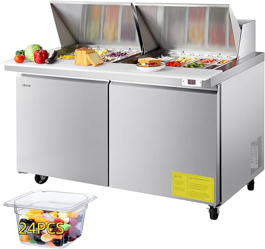 VEVOR 60"W Commercial Refrigerator, 15.4 Cu. Ft Sandwich Prep Refrigerated Table, Mega Top Food Prep Fridge with 24 Pans and Cutting Board, Stainless Steel Salad Prep Cooler for Restaurant, Food Truck