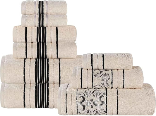 Superior Cotton 9 Piece Assorted Floral Towel Set, Includes 3 Bath, 3 Hand, 3 Washcloth/Face Towels, Quick Dry, Home Essentials, Shower, Spa, Luxury Plush Soft Absorbent Towels, Zero Twist, Ivory