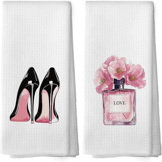Girly Pink High Heel Perfume Kitchen Towels Set of 2, Modern Bath Bathroom Women Hand Dish Towel, Modern Fashion Floral Perfume Decorative Tea Towel 16x24 Inch