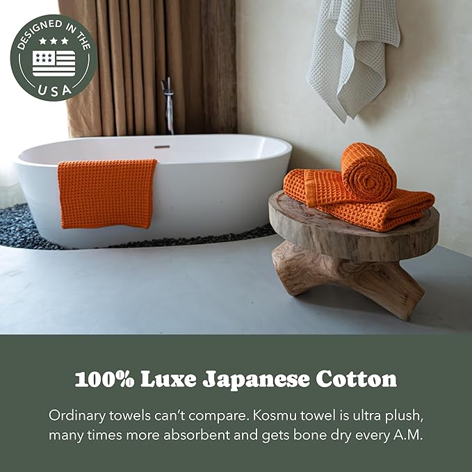 Luxury Organic Japanese Cotton Waffle Bath Towel | Thick, Absorbent, Quick Dry Bathroom Towels for Shower, Sauna, Onsen| Hotel & Spa Quality, Gift-Ready (Coral Orange, Bath Sheet, 67" x 34")