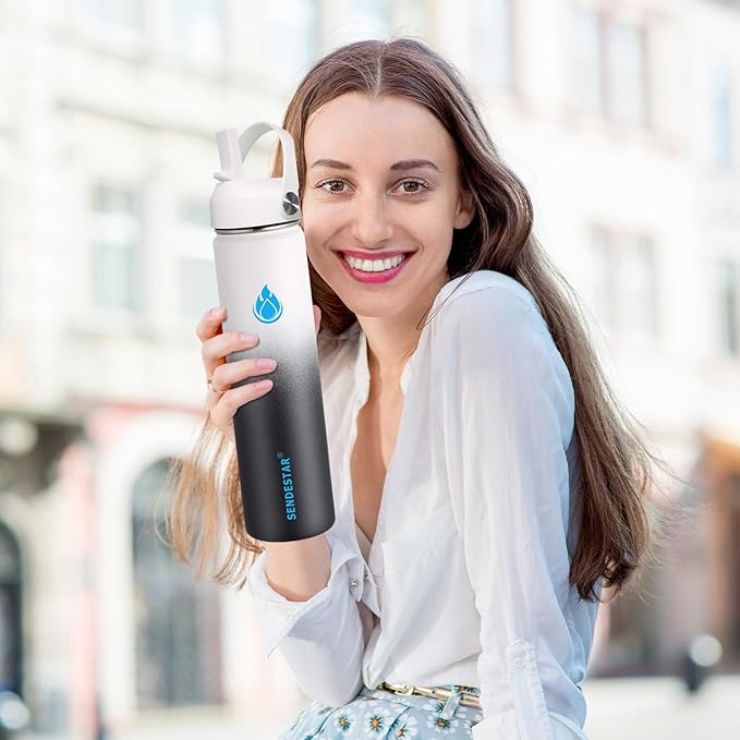 SENDESTAR Stainless Steel Wide Mouth Water Bottle 24oz Double Wall Vacuum Insulated Leak Proof Bottle with New Flex Straw Lid & Spout Lid