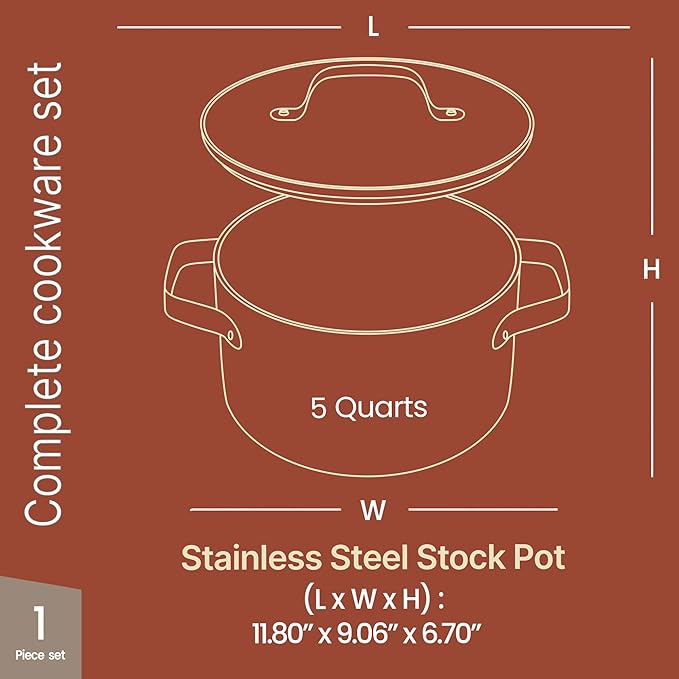 Bakken 5 Quart Ceramic Coated Stock Pot with Lid, Easy to Clean Nonstick Pot, Tempered Glass Lid, Riveted Stainless Steel Handles, Oven Safe Up To 500°F, PTFE & PFAS Free, All Stove Compatible, Cream