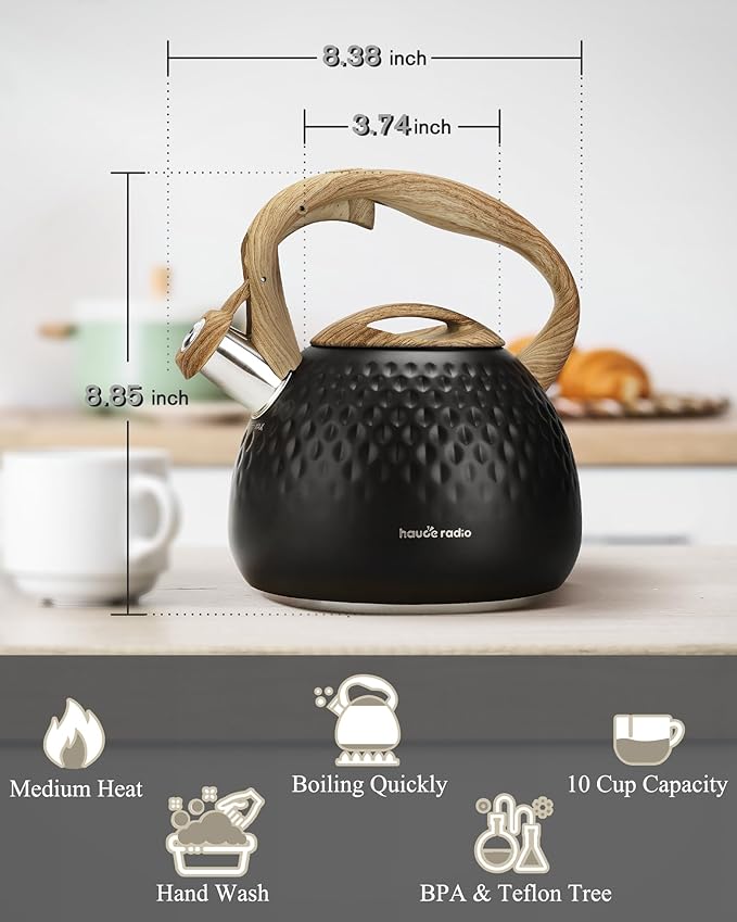 Tea Kettle Stovetop,2.5QT Stainless Steel Whistling Teapot for Stove Top Aesthetic,Portable Water Kettles Camping with Anti-hot Silicone Handle,Suitable for All Heat Sources,Black