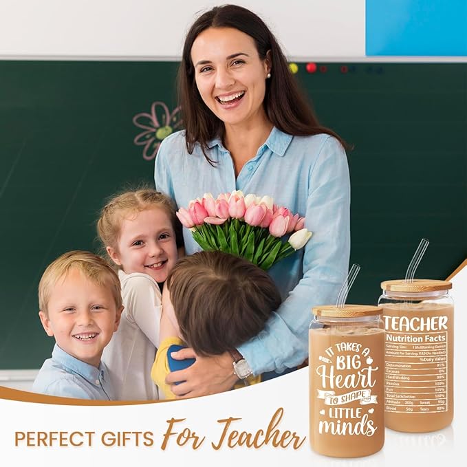 SANDJEST Teacher Gifts for Women - 16 Oz Can Glass Coffee Cup with Straws - Teacher Appreciation Gift for Women on Birthday Back To School