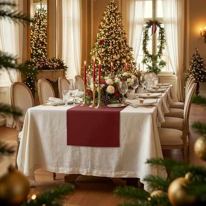 D'Moksha Homes Linen Dark Red Table Runner 132 Inches Long - 100% Pure Linen Extra Long Table Runner 14 x 132 Inch for Winter, Holiday, New Year - Machine Washable
