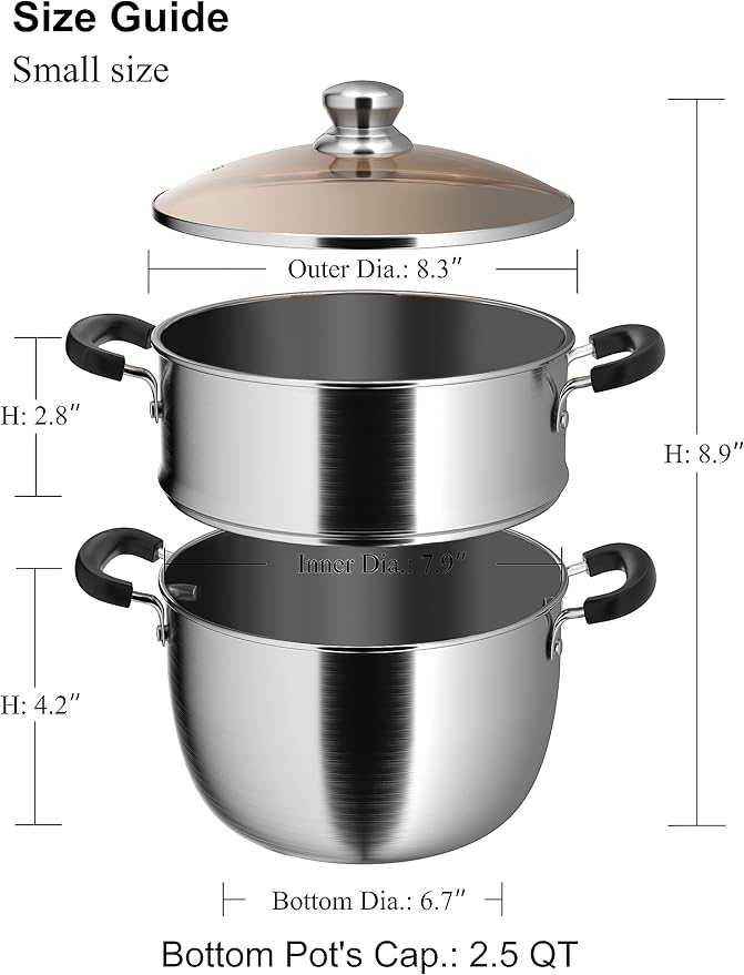 VENTION 7.9 Inch Small Vegetable Steamer Pot, 2.5 QT Stainless Steel Steamer for Cooking, Steam Pot(20cm)