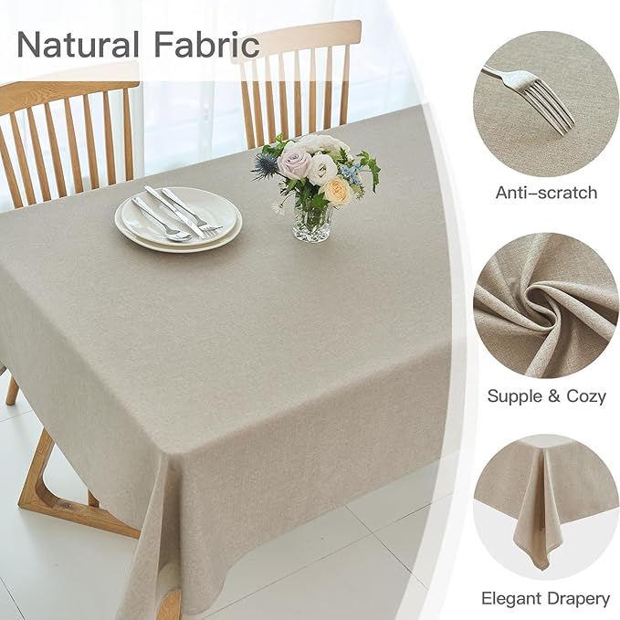 maxmill Rectangle Linen Texture Tablecloth Stain Proof Waterproof Wrinkle Free Washable Dining Table Cloth Wipeable Fabric Table Cover for Dining Room Farmhouse Tablecloths, 60 x 120 Inch, Linen